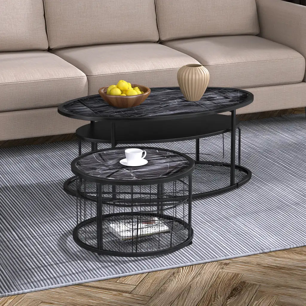 Set di tavolini da salotto dalla forma compatta, nero, per la casa